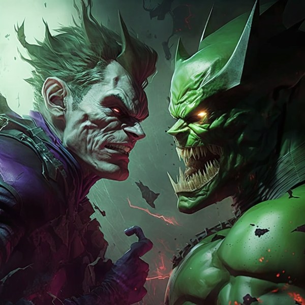 An AI-generated photo of the Joker and the Green Goblin in a fight. Image used in the “The Green Goblin vs. The Joker: The Supervillain Showdown!” blog post.​