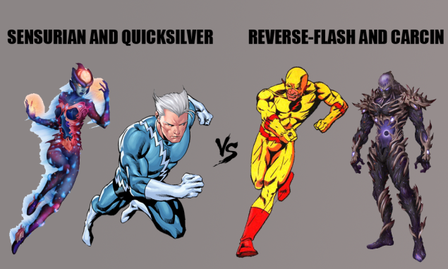 Senurian of the BioWarriors and Quicksilver of the Avengers vs. Reverse-Flash of the Secret Society and Carcin