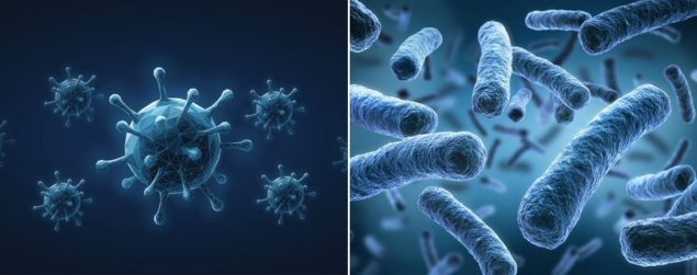 Hero image showing a virus and bacterium side by side. Image used in the “What is the difference between virus and bacteria” blog post.