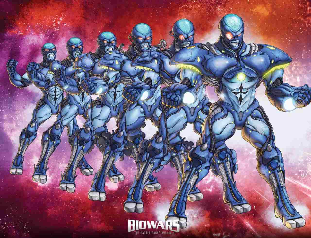 Illustration showing how Blastor, the B-Cells commander from the Biowars comic book, clones himself.