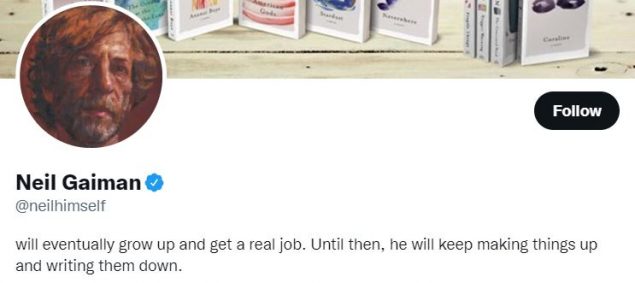 Screenshot of Neil Gaiman’s bio on Twotter.. Image used in the “Who Is Neil Gaiman: Meet The Legendary Writer” blog post.