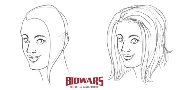 Outline of the female hairstyle and the finished female hair drawing next to each other. Image used in the “How To Draw Hair” blog post.