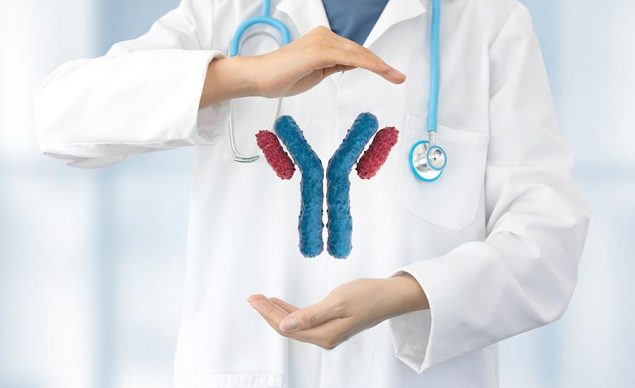 Stock illustration showing a doctor and 3D model of an antibody between its hands. Image used in the “How Are Monoclonal Antibodies Made” blog post.​