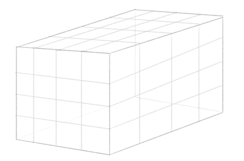 The large square prism is divided into smaller square prisms, forming the base for the car drawing.​