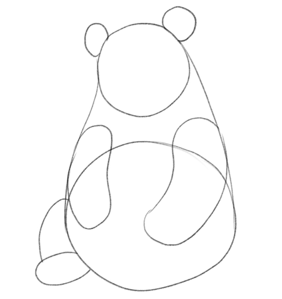 The panda is sitting so its right rear leg is folded next to its tummy. ​
