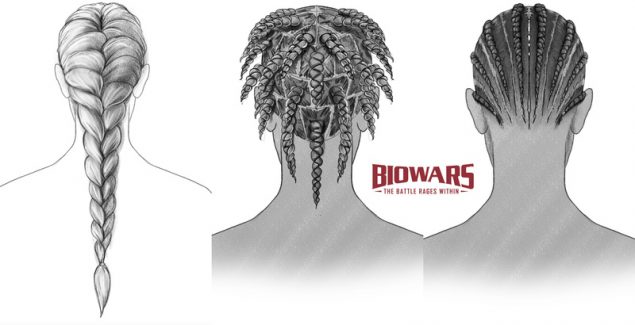 A collage of three images depicting the process of drawing braids. Image used in the “How To Draw Braids For Beginners [Regular, Box, Cornrows]” blog post.