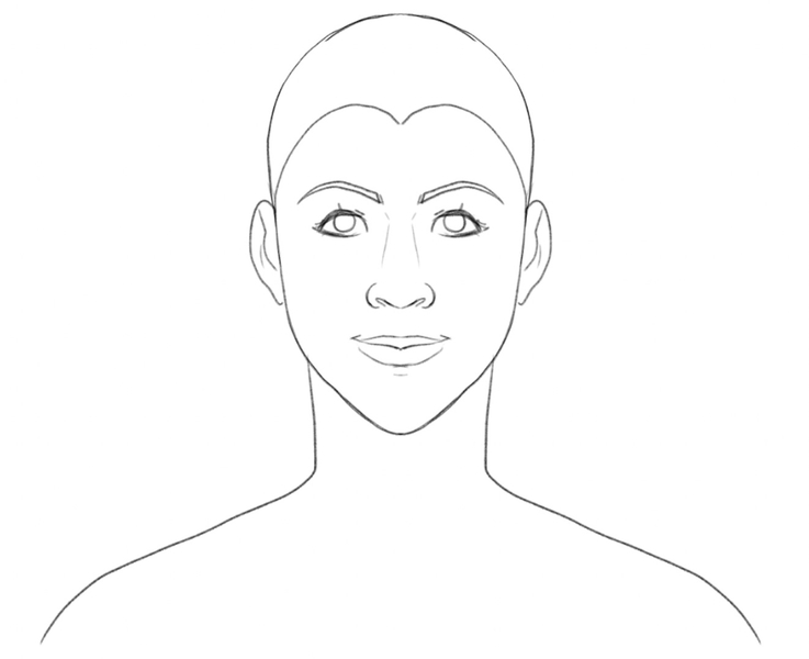 A woman’s head with a hairline and no hair as a starting point for the guide on how to draw wavy hair.​