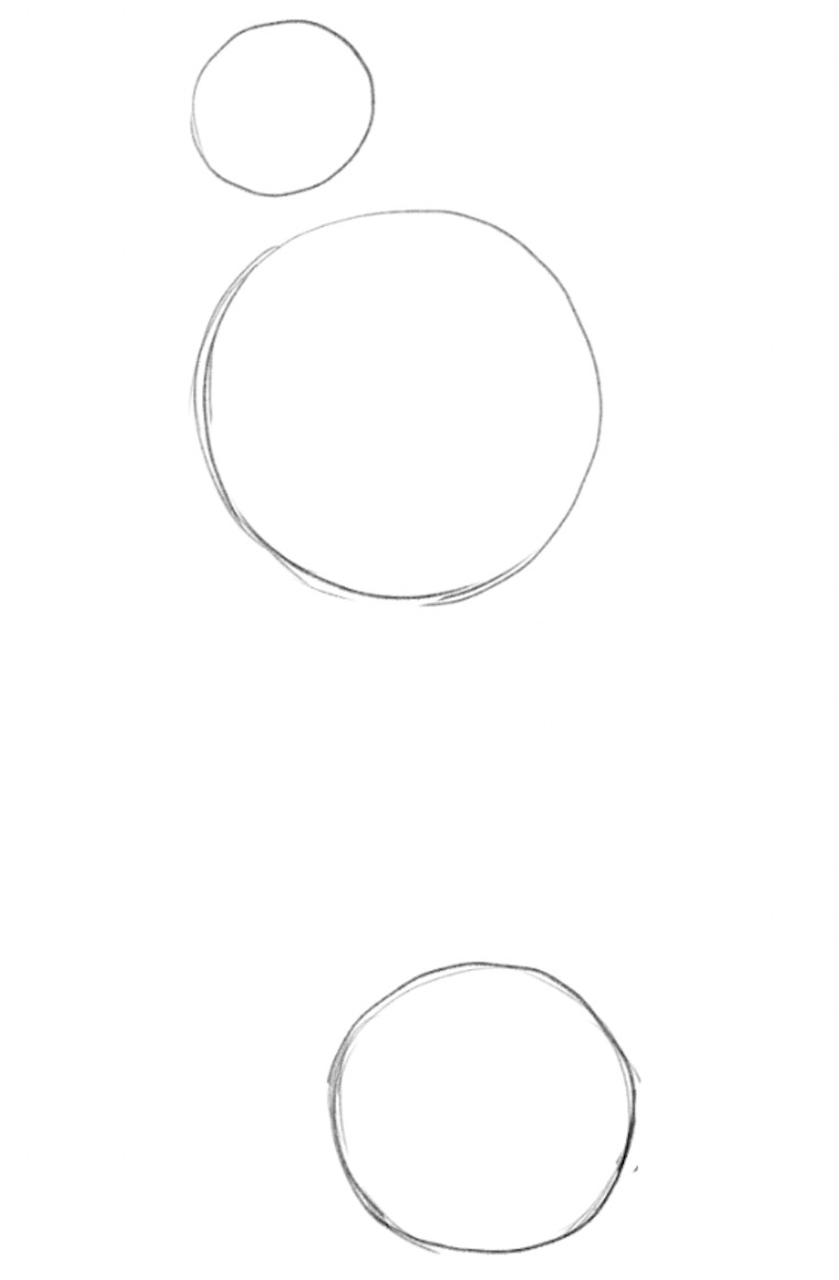 Now, let’s move on to drawing a penguin from the side! How To Draw A Penguin From The Side In 5 Steps When drawing a penguin from the side, we’ll use the same approach — we’ll draw the body parts one by one and then connect them into one big, cute penguin. ? Draw The Base Recommended tool: H pencil The first step to drawing a penguin from the side is the same as when sketching it from the front. We’ll draw three circles to position the peguin’s head, chest and legs, and determine the length of its body. The top circle is the smallest, the second the largest, and the third is about two times bigger than the first circle. When placing the circles, make sure you leave a lot of space between the chest and the legs, like this: 