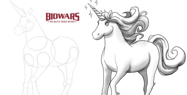 A collage of two images depicting the process of drawing a unicorn. Image used in the “Unicorn Drawing Guide In 6 Easy Steps [Video + Images]” blog post.​