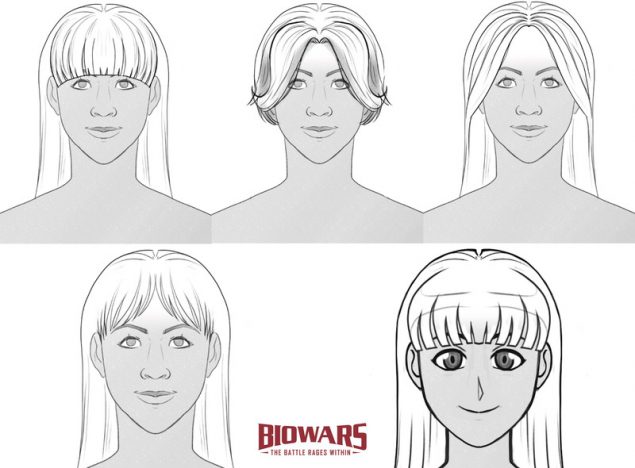 A collage of two images showing finished anime eyes drawings. Image used in the “How To Draw Bangs For Beginners [5 Styles, Video + Images] ” blog post.​