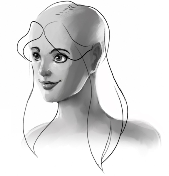 Outline of the hair at the sides of the head. 