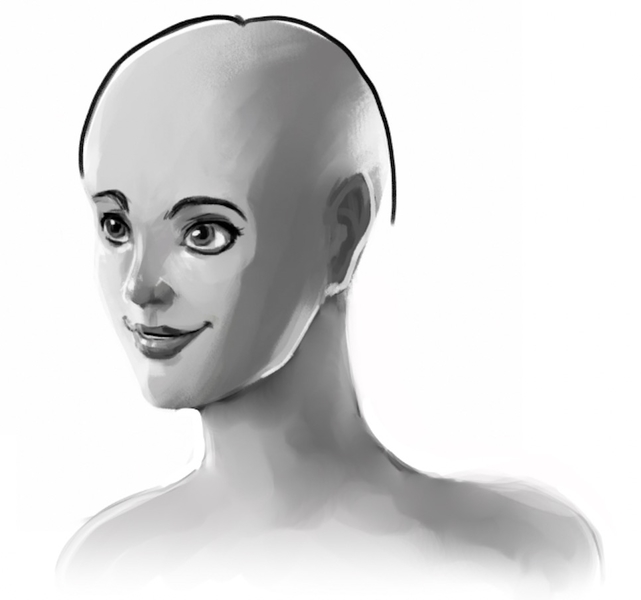 A line follows the shape of the character’s hairless head.