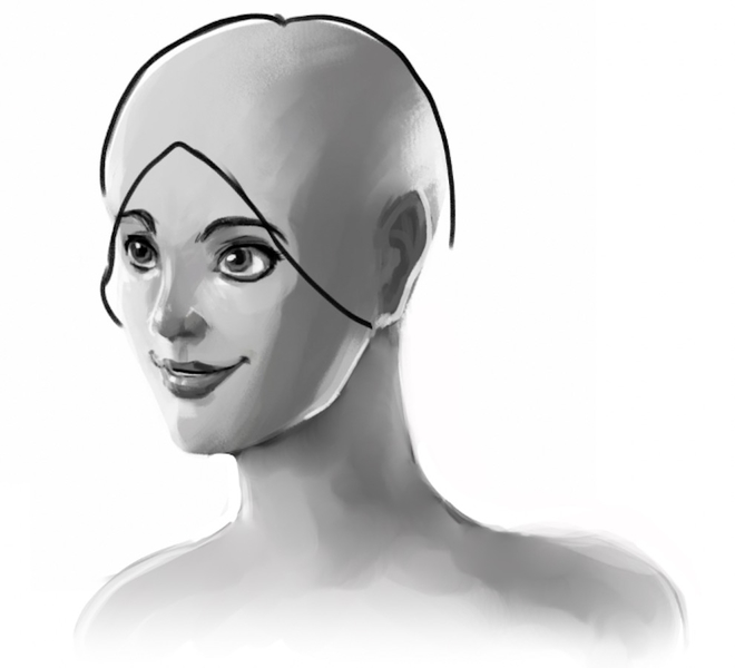 A “V” line at the front of the character’s hair helps shape the hair that’ll be tucked behind their ears. 