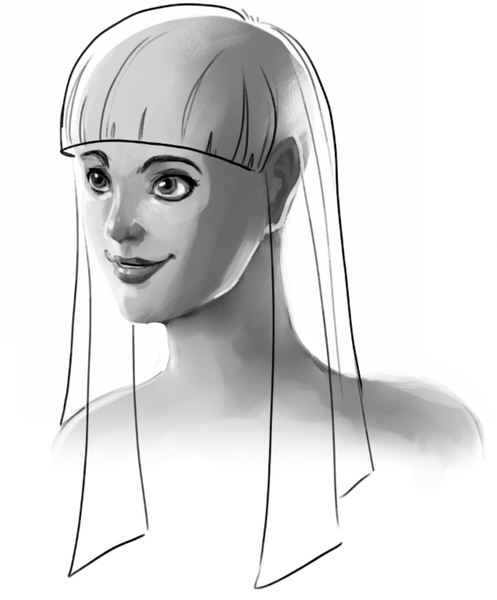 Outline of the long hair with the bangs is finished. 