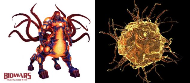 A collage of two images - one depicts Phagien, the commander of macrophages from the Biowars comic book, and the other is a stock image of a macrophage. Image used in the “How Do Macrophages Function?” blog post.