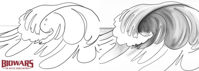 A collage of two images showing the process of wave drawing. Image used in the “Wave Drawing Guide In 4 Steps [Video + Images]” blog post.​