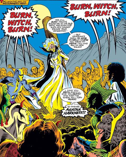 A screenshot of a comic book page showing Agatha Harkness at the stake. Image used in the “Agatha Harkness: Meet Marvel’s Powerful Witch ” blog post.​