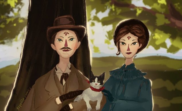 Illustration of a man and a woman holding a cat in front of a tree. Image used in the “Ceren Sultan Ekinci For BIOWARS: Meet The Artist [Interview]” blog post.