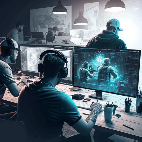 An AI image image showing a team of video game designers creating a video game. Image used in the “Video Game Design 101: All You Need To Know [Tips Included]” blog post.