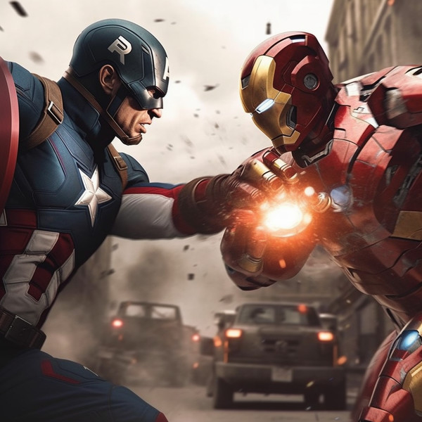 An AI-generated image showing Iron Man and Captain America in a fight. Image used in the “Iron Man vs. Captain America: The Superhero Showdown” blog post.​