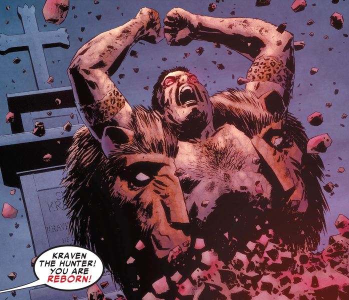 Kraven the Hunter with open mouth and raised arms.​