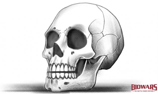 Finished skull drawing with a Biowars logo next to it. Image used in the “Skull Drawing Guide In 5 Easy Steps [Video + Images]” blog post.​