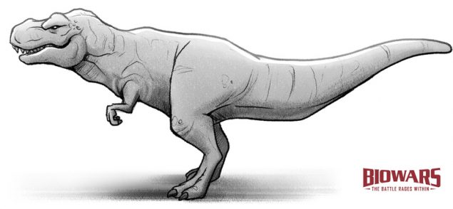 Finished drawing of a dinosaur with the BIOWARS logo next to it. Image used in the “Dinosaur Drawing In 5 Simple Steps [Video + Illustrations]” blog post.